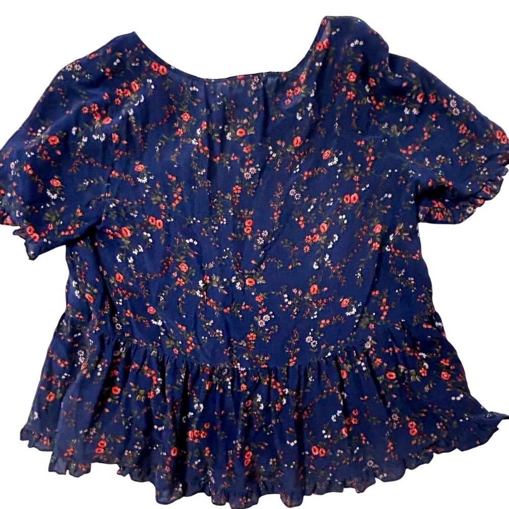 Madewell Womens Navy Blue Floral 100% Silk Peplum Puff Sleeve Blouse Top Small‎
